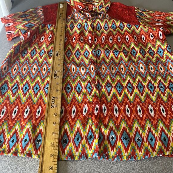 Lucy Diamonds Blouse Womens 1X Aztec Sheer Red Lace Shoulder Bright Multicolor - Picture 7 of 8